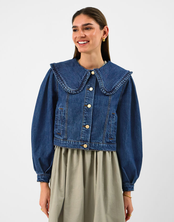 Frill Collar Denim Jacket, Blue (BLUE), large