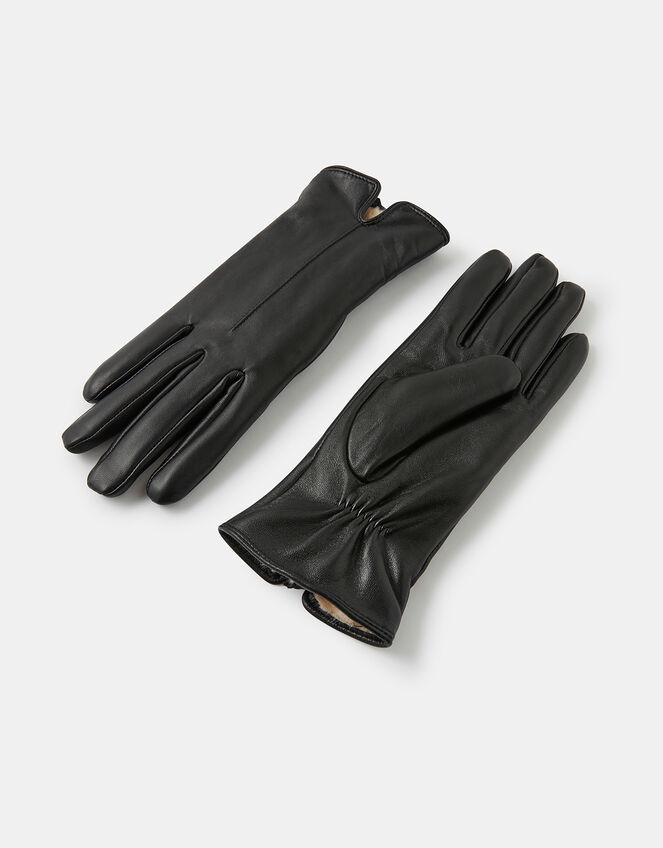 Faux Fur-Lined Leather Gloves, Black (BLACK), large