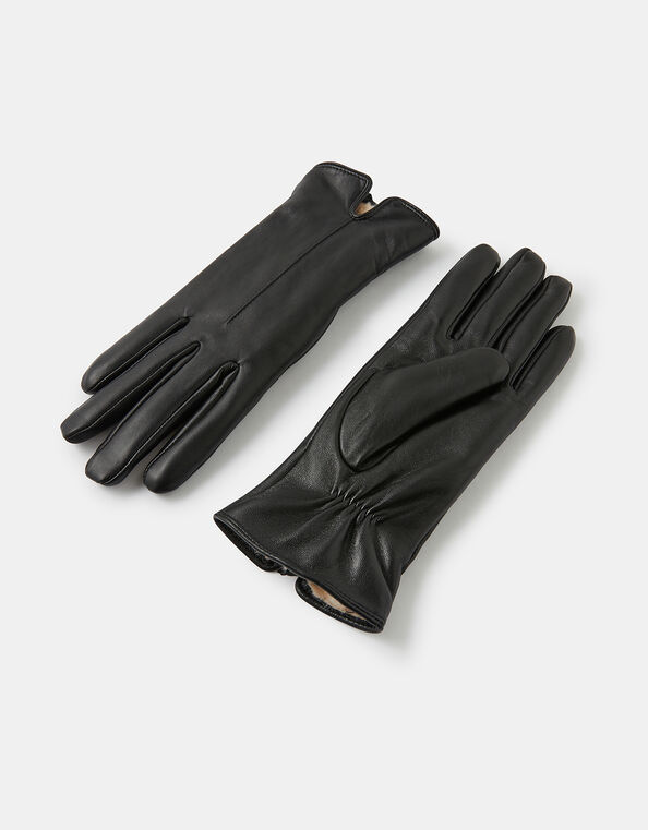 Faux Fur-Lined Leather Gloves Black, Black (BLACK), large