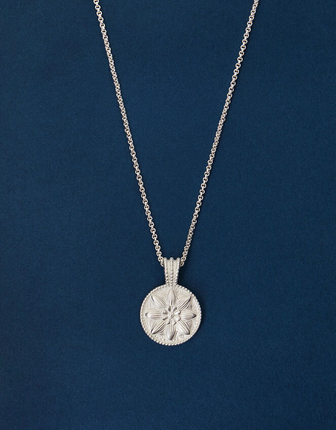 Sterling Silver-Plated Flower Disc Pendant Necklace, , large