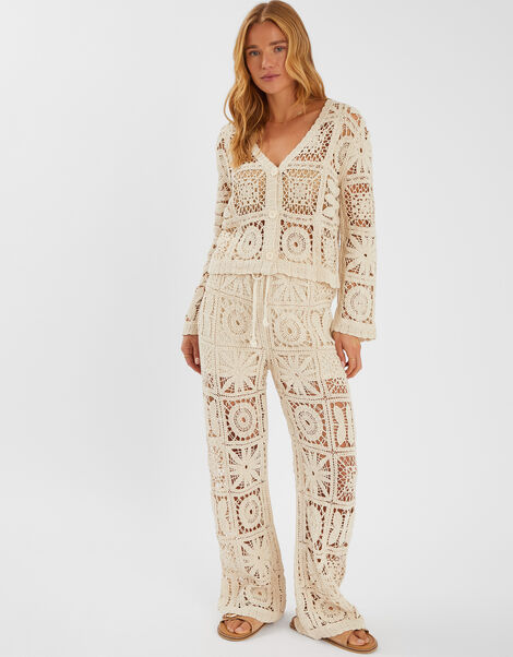 High Waist Crochet Trousers, Natural (NATURAL), large