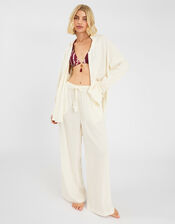 Long Sleeve Stripe Beach Cover Up Shirt, Ivory (IVORY), large