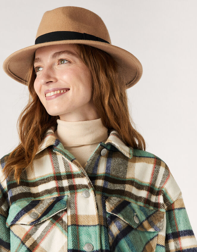 Ribbon Trim Fedora in Pure Wool, Camel (CAMEL), large