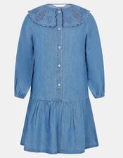 Girls Long Sleeve Denim Dress, Blue (BLUE), large