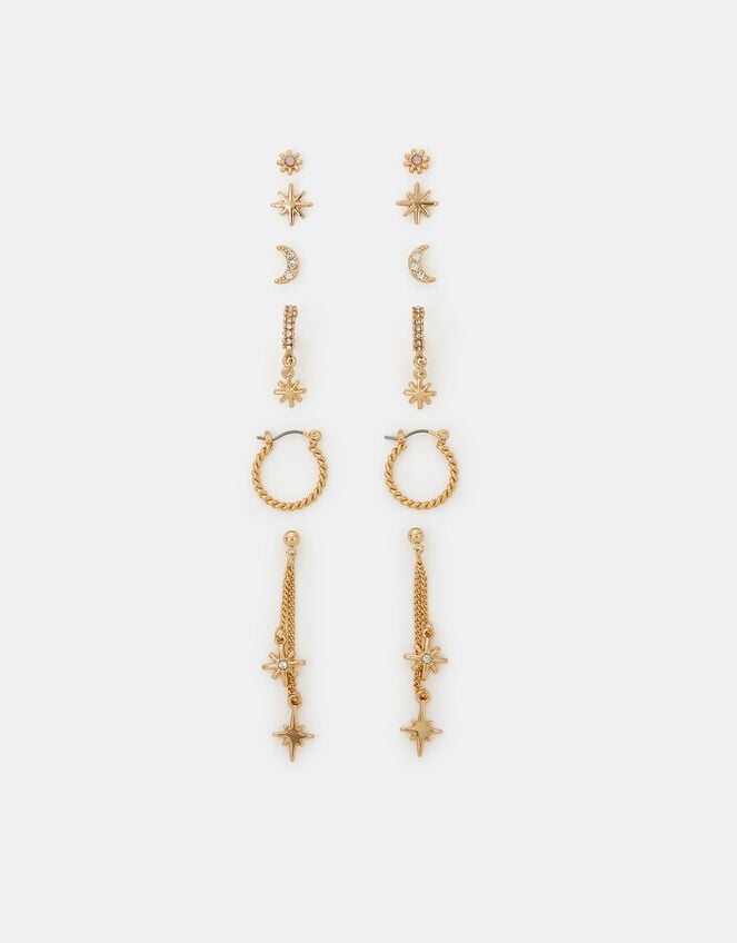 6-Pack Celestial Chain Stud and Hoop Earrings Gold, , large