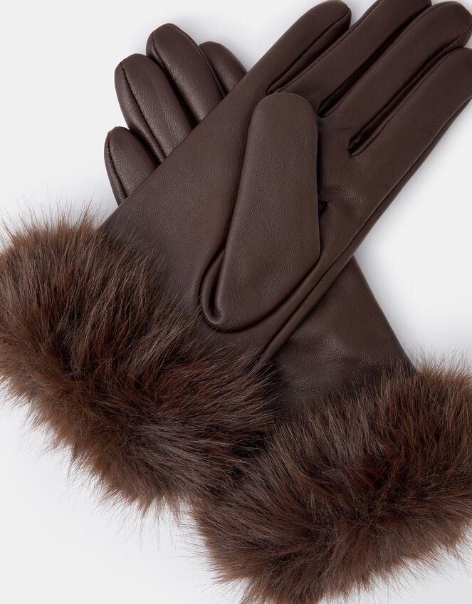 Faux Fur Cuff Leather Gloves, Brown (CHOCOLATE), large