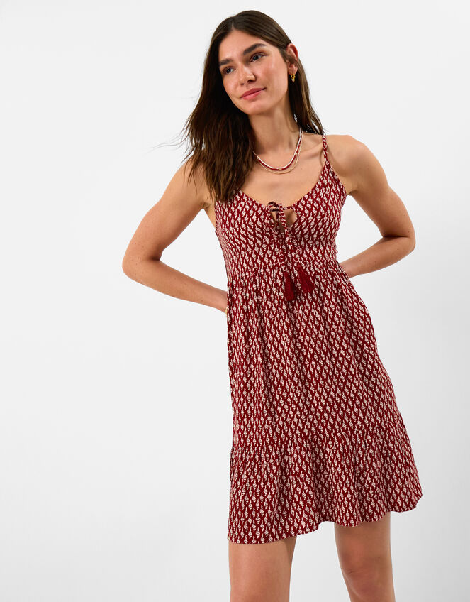 Flower Print Mini Dress, Red (BURGUNDY), large