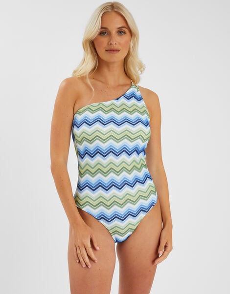 Zig Zag Crochet One Shoulder Swimsuit, Blue (BLUE), large