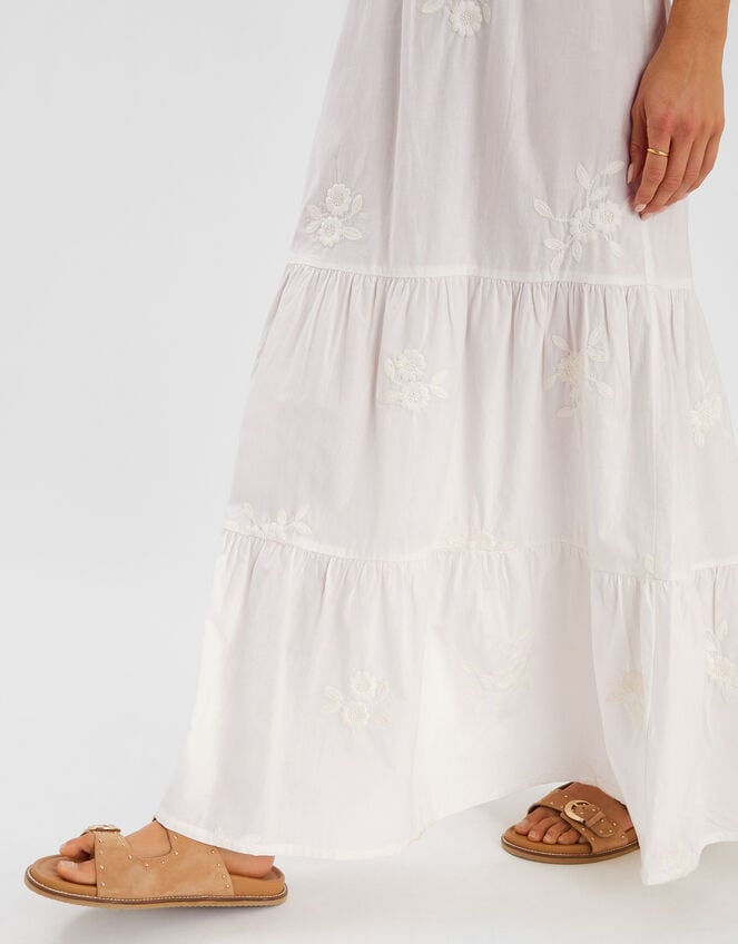 Floral Embroidered Tiered Maxi Skirt, White (WHITE), large