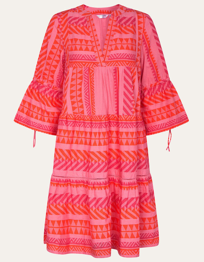 Print Jacquard Flute Sleeve Dress, Pink (PINK), large