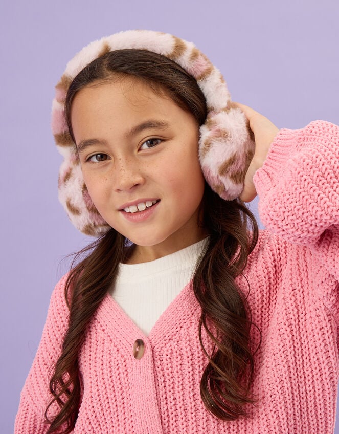 Girls Faux Fur Leopard Print Earmuffs, , large