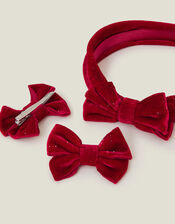 Girls Velvet Bow Headband and Hair Clips Set, , large