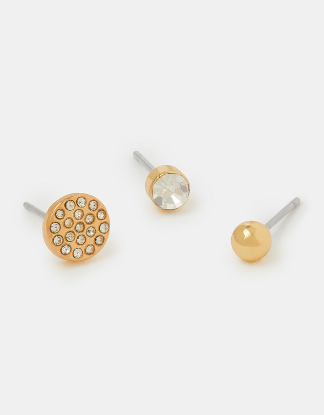 3-Pack Pav&eacute; Stud Earrings, Gold (GOLD), large