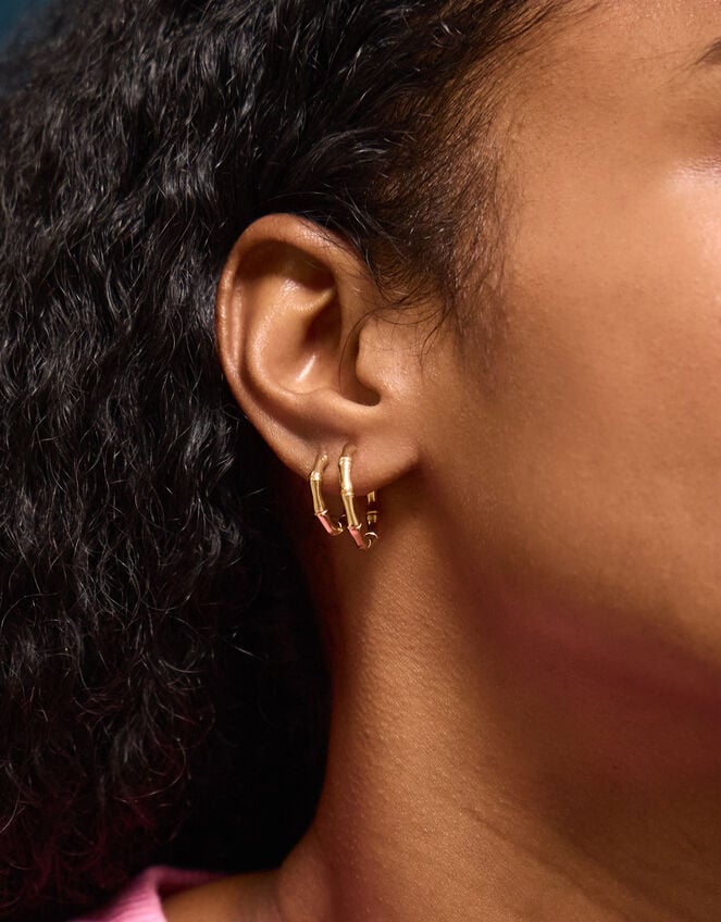 2-Pack 14ct Gold-Plated Bamboo Hoop Earrings, , large