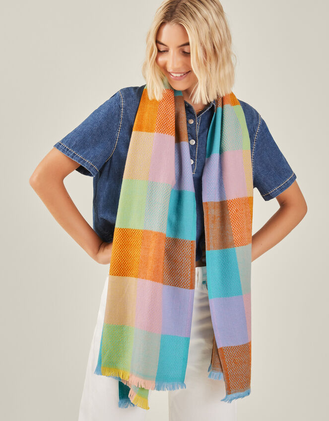 Colourblock Check Woven Blanket Scarf, , large