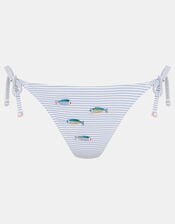 Fish Embroidered Side Tie Bikini Bottoms, Blue (BLUE), large