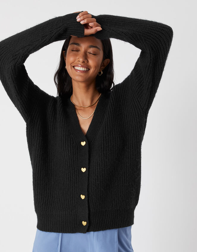 Heart Button Cardigan, Black (BLACK), large