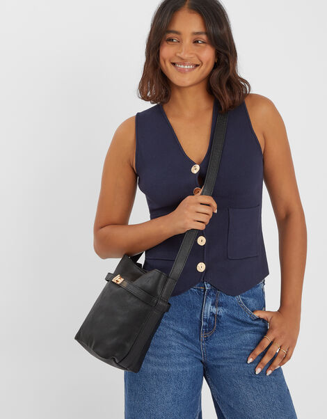 Leather Bucket Crossbody Bag, , large