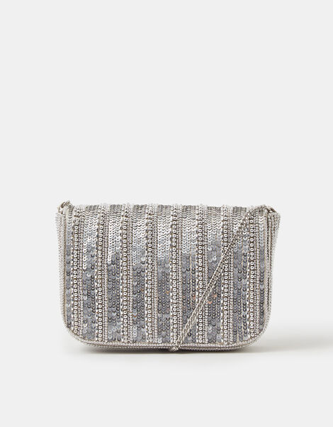 Embellished Fold Over Clutch Bag, Silver (SILVER), large