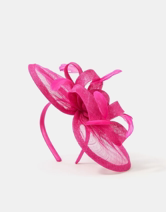 Bow Feather Disc Fascinator, Pink (FUCHSIA), large