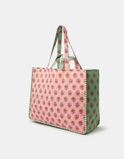 Floral Block Print Quilted Shopper Bag, , large