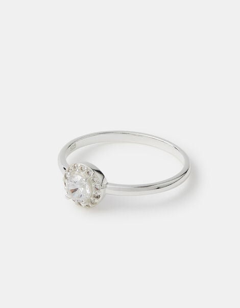 Sterling Silver Halo Stone Ring, Silver (ST SILVER), large