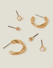 3-Pack 14ct Gold-Plated Twisted Stud and Hoop Earrings, , large