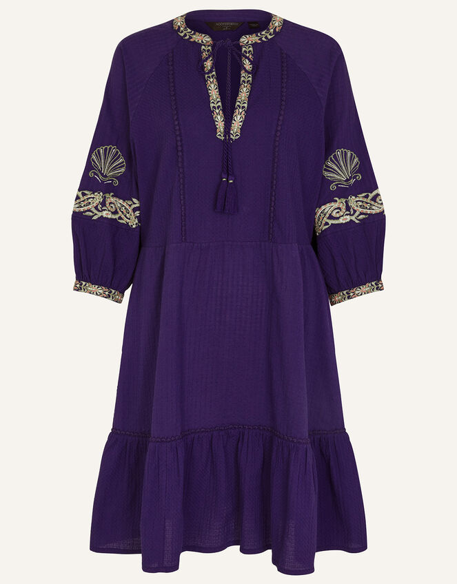 Shell Embroidered Short Dress, Blue (NAVY), large