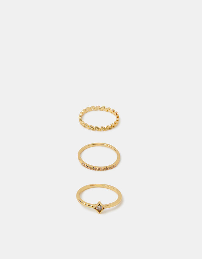 3-Pack 14ct Gold-Plated Diamanté Rings, Gold (GOLD), large