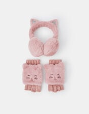 Girls Cat Faux Fur Earmuffs and Gloves Set, Pink (PINK), large