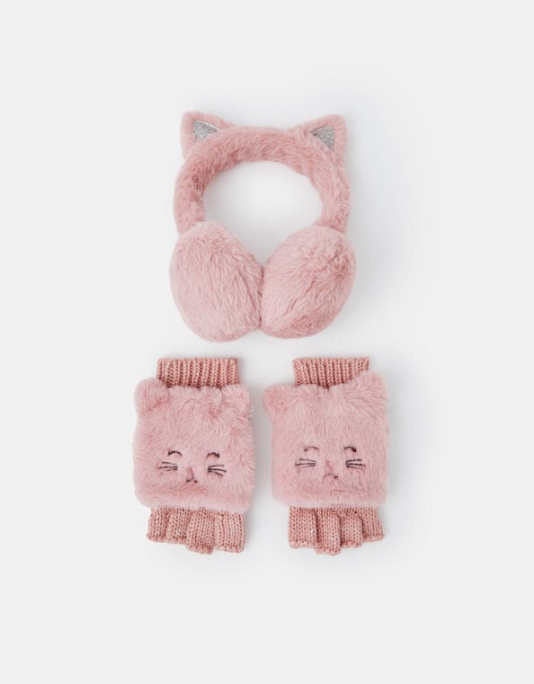 Girls Cat Faux Fur Earmuffs and Gloves Set, Pink (PINK), large