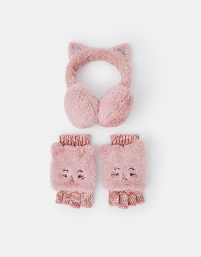 Girls Cat Faux Fur Earmuffs and Gloves Set, Pink (PINK), large