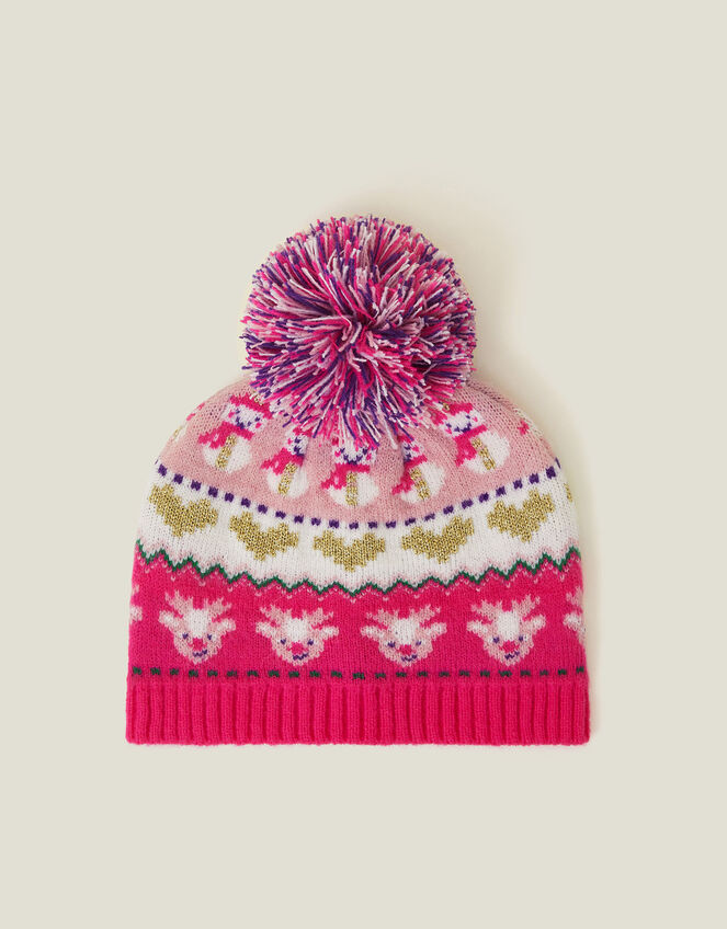 Girls Christmas Fair Isle Beanie Hat, Pink (PINK), large