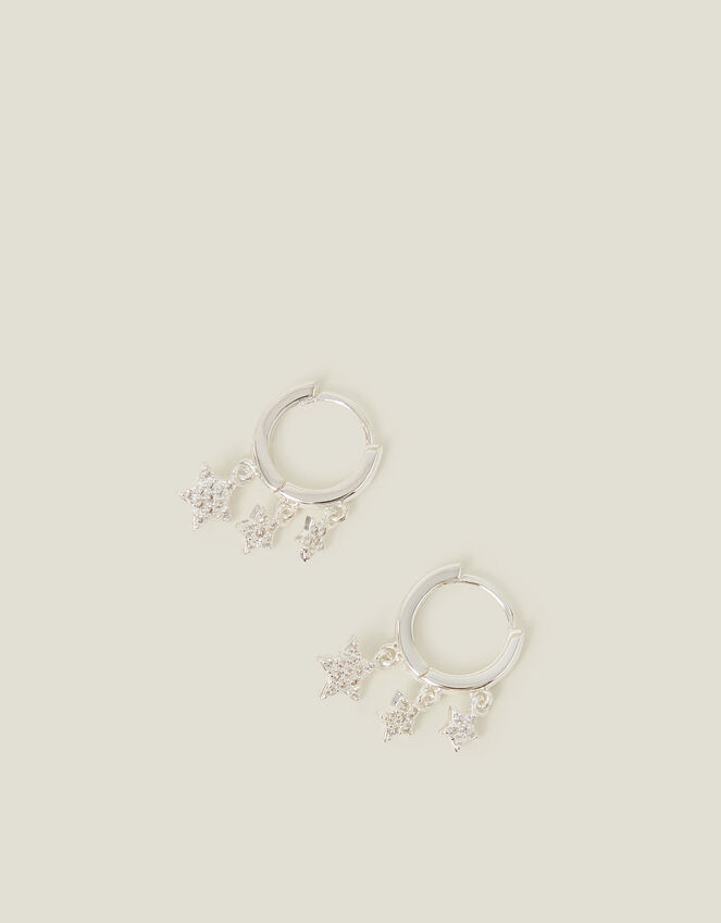 Sterling Silver-Plated Star Charm Hoop Earrings, , large