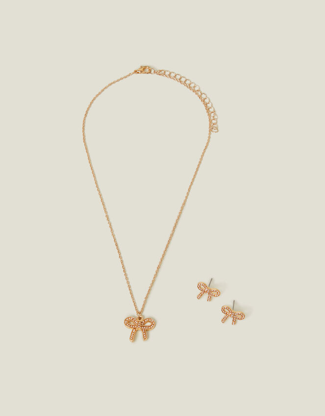Girls Bow Stud Earrings and Necklace Set, , large
