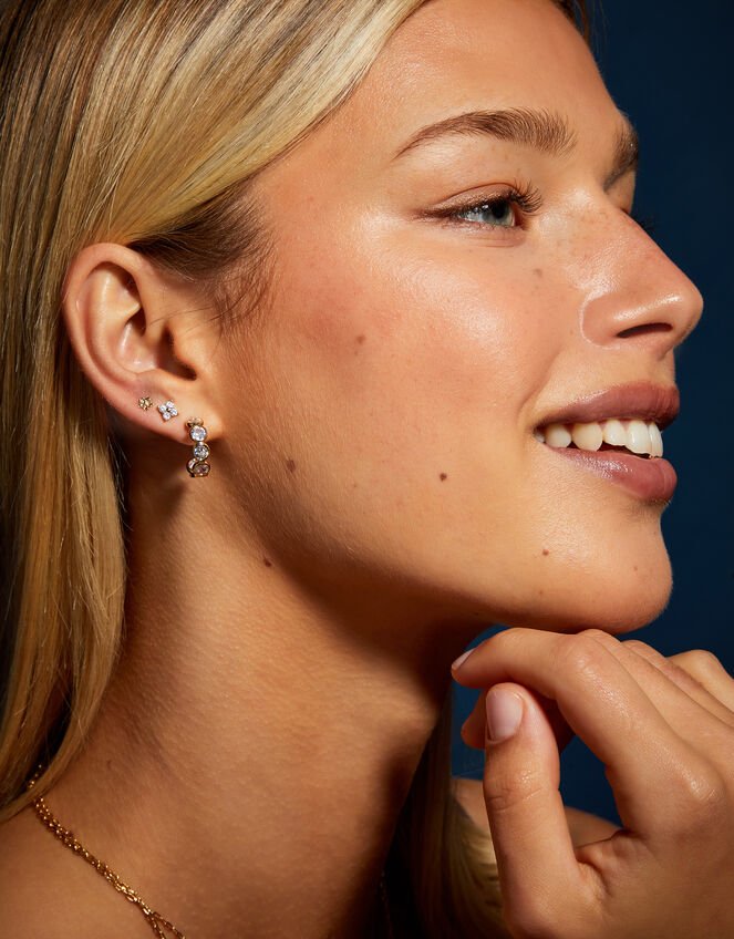 3-Pack 14ct Gold-Plated Flower Stud Earrings, , large