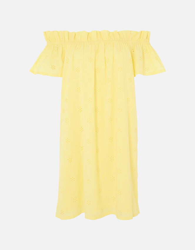 Schiffli Bardot Dress in Organic Cotton, Yellow (YELLOW), large