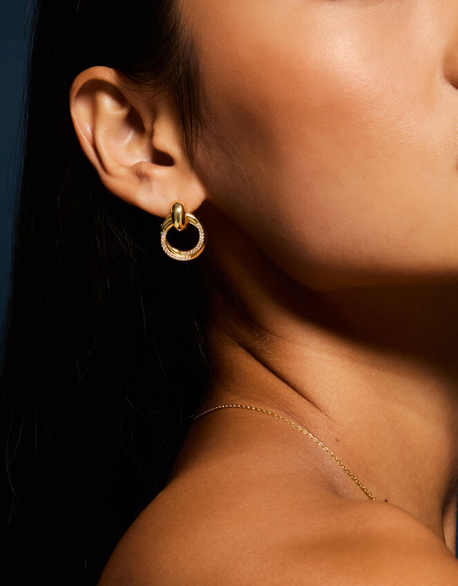 14ct Gold-Plated Diamanté Doorknocker Drop Earrings, , large