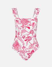 Floral Frill Shoulder Swimsuit, Red (RED), large