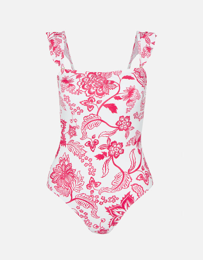 Floral Frill Shoulder Swimsuit, Red (RED), large
