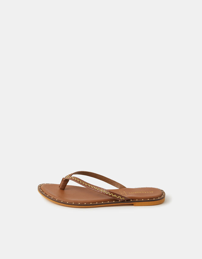 Stud Leather Flip Flops, Tan (TAN), large
