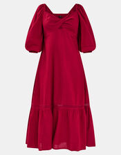 Twist Puff-Sleeve Midi Dress, Red (RED), large