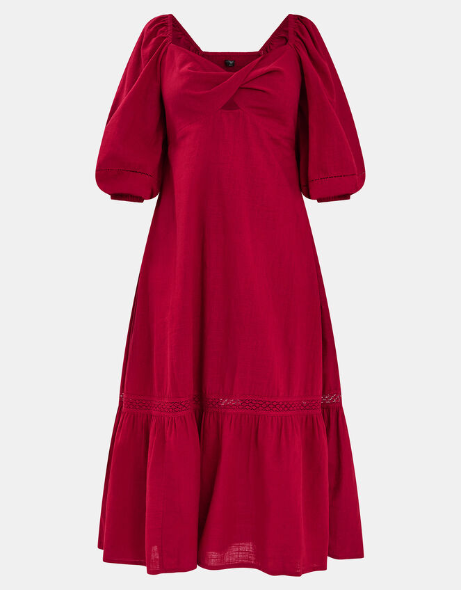 Twist Puff-Sleeve Midi Dress, Red (RED), large