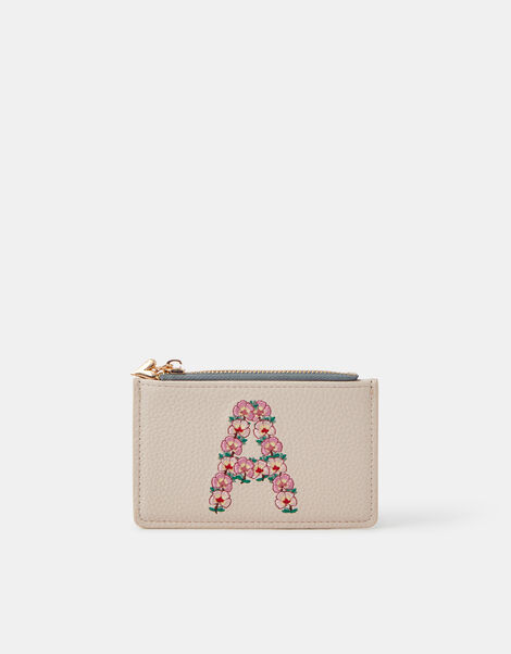 Floral Embroidered Initial Card Holder, Cream (CREAM), large