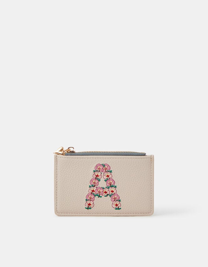 Floral Embroidered Initial Card Holder, Cream (CREAM), large