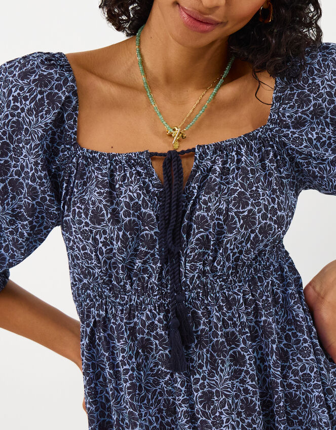 Floral Print Puff Sleeve Mini Dress, Blue (BLUE), large