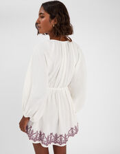 Embroidered Beach Cover Up Mini Dress, Ivory (IVORY), large