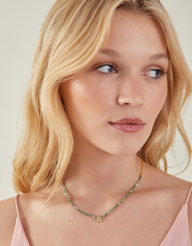 14ct Gold-Plated Flower Pendant Jade Bead Necklace, , large