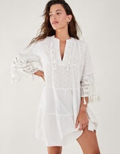 Dobby Tassel Trim Dress, White (WHITE), large