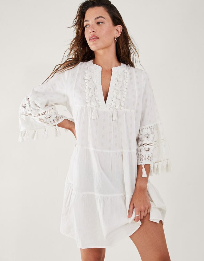 Dobby Tassel Trim Dress, White (WHITE), large
